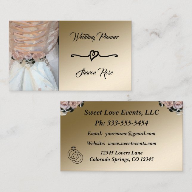 Floral & Gold Hochzeitskarte Visitenkarte (Vorne/Hinten)