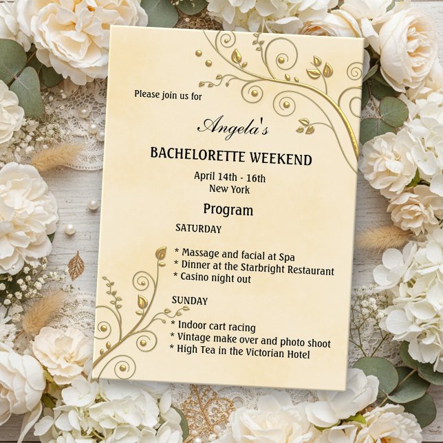 Floral Gold Itinerary Programm (Bachelorette weekend itinerary invitation with romantic gold floral swirls on yellow watercolor)