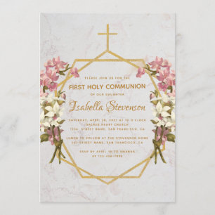 Floral Gold Kreuz Rosa Orchideen zur Erstkommunion Einladung