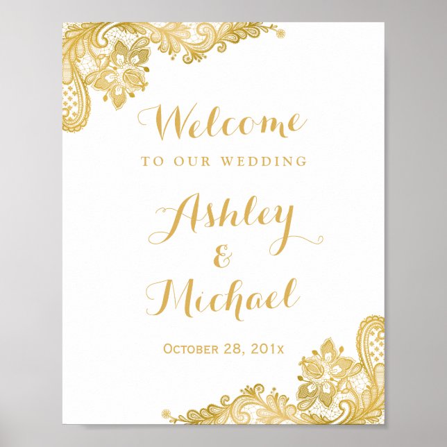 Floral Gold Lace Muster Hochzeitszeichen Poster (Vorne)