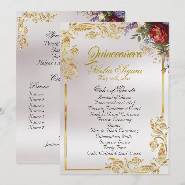 Floral & Gold Leaves - Pearl Quinceanera Program Programm (Vorne/Hinten)