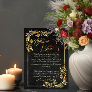 Floral, Gold Leaves & Tiara - Black Quinceanera Dankeskarte