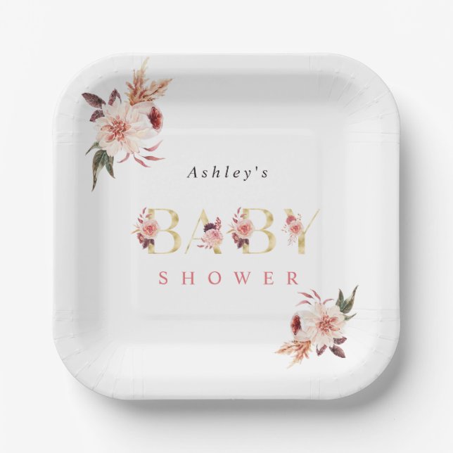 Floral Gold Letter Elegante Girl Baby Dusche Pappteller (Vorderseite)