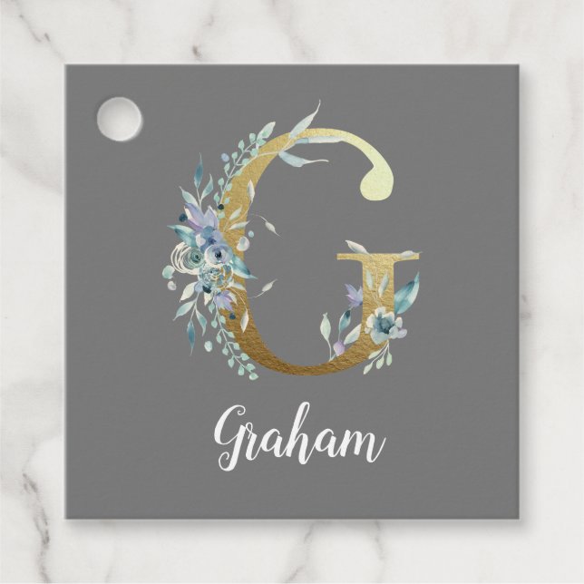Floral Gold Letter G auf Grau Geschenkanhänger (Vorderseite)