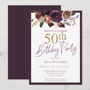 Floral Gold Lila Überraschung 50. Geburtstagsparty Einladung