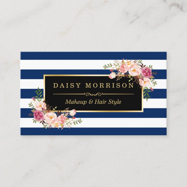 Floral Gold Makeup Salon veränderbare Navy Streife Visitenkarte (Vorderseite)