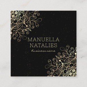 Floral Gold Mandala Black Quadratische Visitenkarte