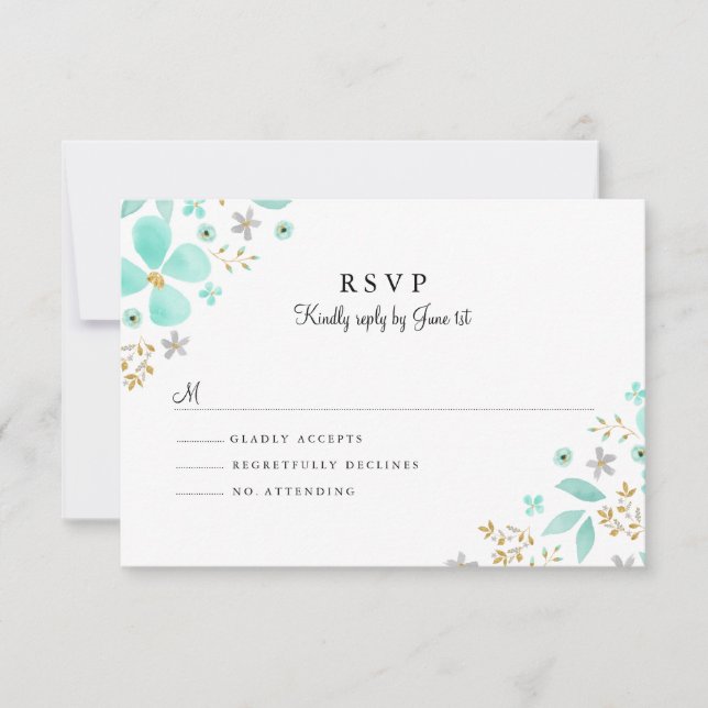 Floral Gold Minze Leaf Wedding RSVP (Vorderseite)