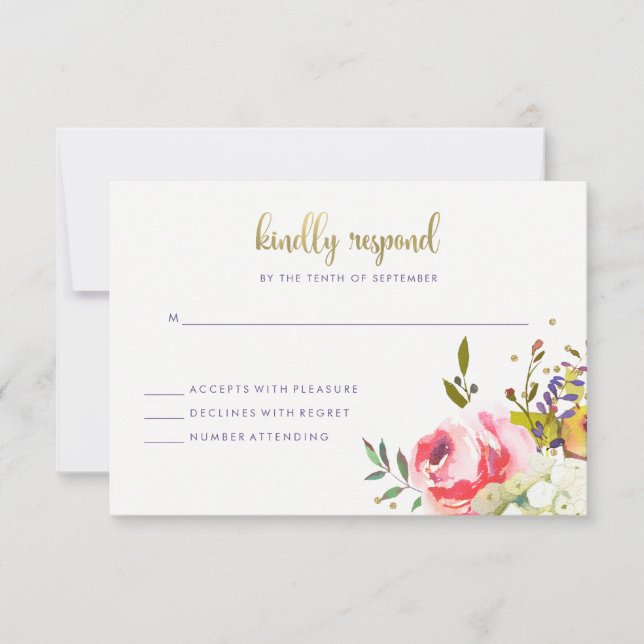 Floral Gold | Moderne Hochzeitsreaktion in Wasserf RSVP Karte (Vorderseite)