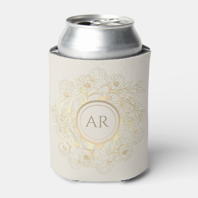 Floral Gold Monogram Gastgeschenk Hochzeit Dosenkühler (Kanne Vorderseite)