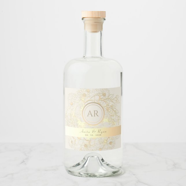 Floral Gold Monogram Wedding Alkoholflaschenetikett (Vorderseite)
