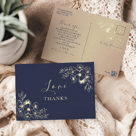 Floral Gold Navy Blue Wedding Vielen Dank Postkarte