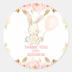 Floral Gold Pink Bunny Pink Ballon 1. Geburtstag Runder Aufkleber