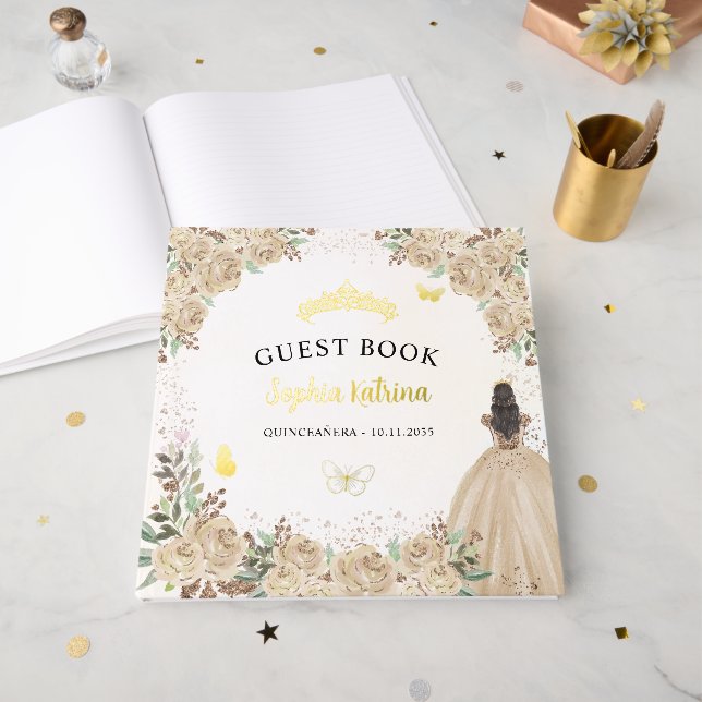 Floral Gold Princess Butterfly Tiara Quinceanera Gästebuch (Vorderseite Offen)