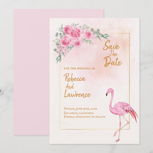 Floral Gold Rahmen rosa Flamingo Hochzeit Einladun Einladung (Vorne/Hinten)