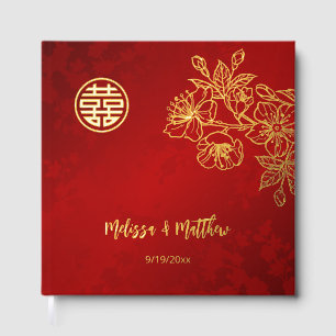 Floral Gold Red Chinese Wedding Gästebuch
