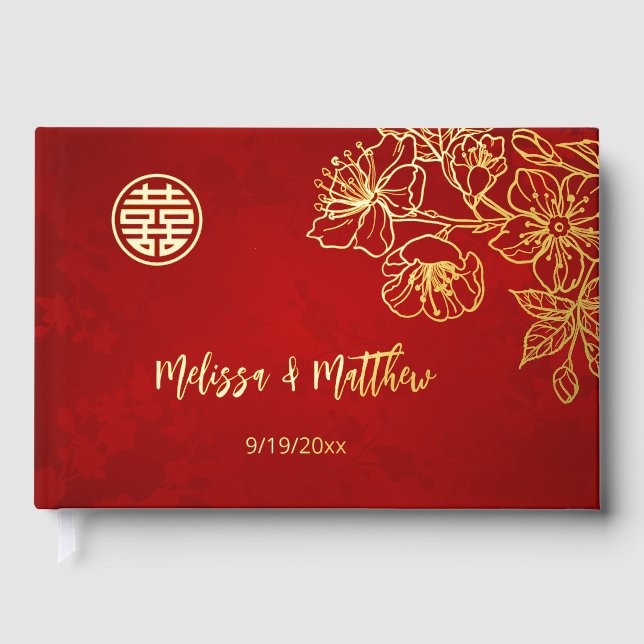 Floral Gold Red Chinese Wedding Gästebuch (Vorderseite)