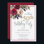 Floral Gold Red Überraschung 50. Geburtstagsparty Einladung<br><div class="desc">Diese elegante 50. Überraschungsfeier ist perfekt für Ihre Veranstaltung! Dieses Design zeichnet sich durch schöne rot-weiße Blume und aquamarine Typografie aus.</div>