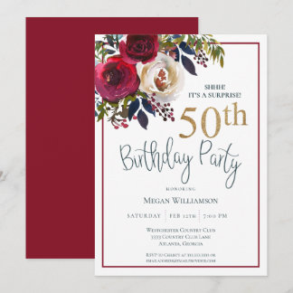 Floral Gold Red Überraschung 50. Geburtstagsparty Einladung