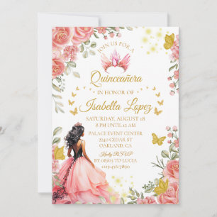 Floral Gold Rosen Princess Quinceanera Birthday Einladung
