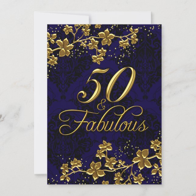 Floral Gold Royal Blue 50 & Fabulous Invitation (Devant)