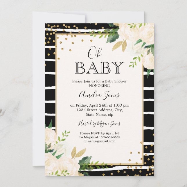 Floral Gold Schwarz-weiß Oh Baby Dusche Einladung (Vorderseite)