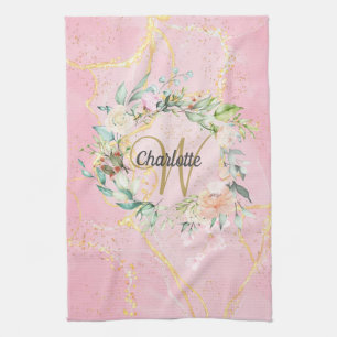 Floral Gold Script Monogram Pink Geode Agate Geschirrtuch