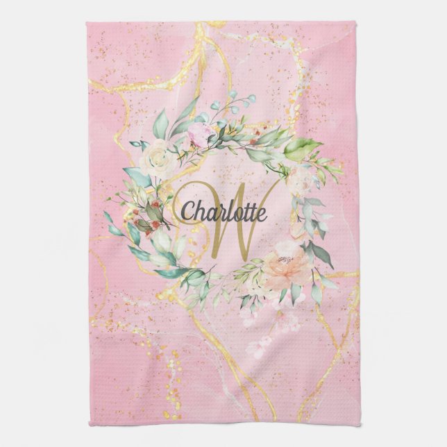Floral Gold Script Monogram Pink Geode Agate Geschirrtuch (Vertikal)
