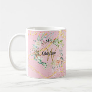 Floral Gold Script Monogram Pink Geode Agate Kaffeetasse