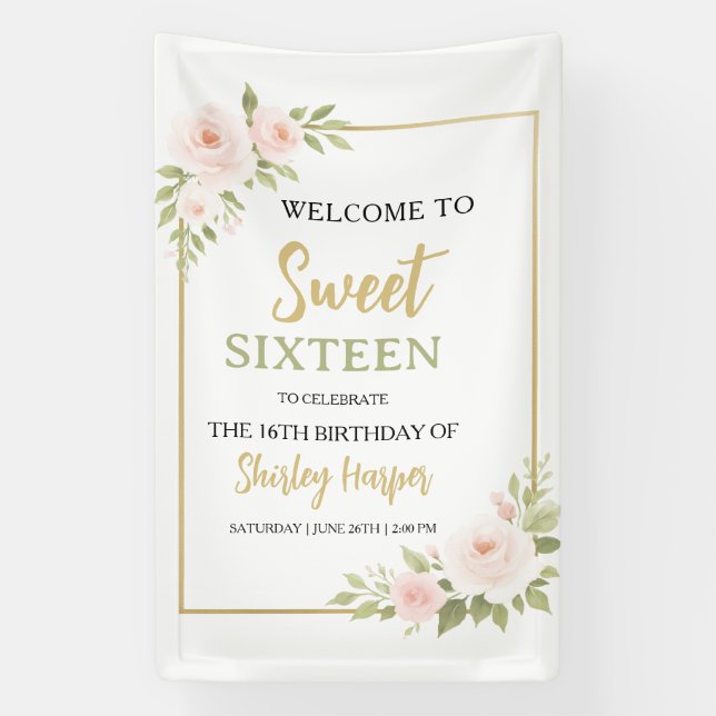 Floral Gold Script Sweet Sixteen Birthday  Banner (Vertikal)