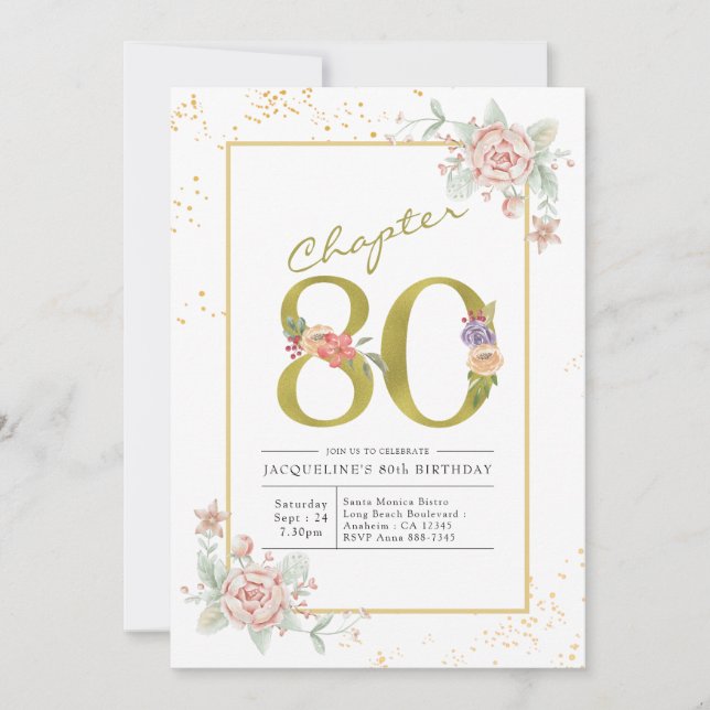 Floral Gold Script zum 80. Geburtstag Einladung (Vorderseite)