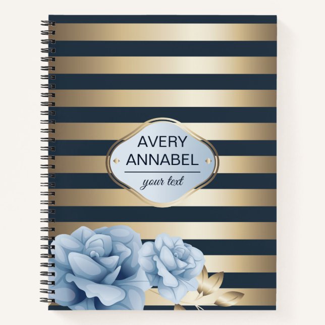 Floral Gold Streifen Mitternachtsblau Notizbuch (Vorderseite)