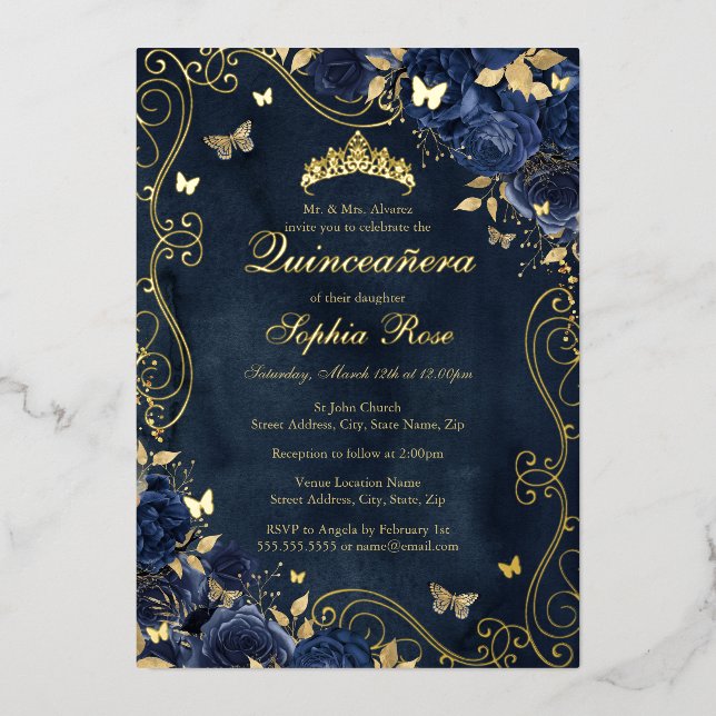 Floral Gold Swirl Butterfly Navy Quinceanera Folieneinladung (Vorderseite)