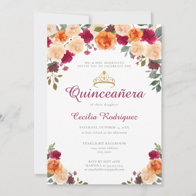 Floral Gold Tiara Quinceanera Einladung (Vorderseite)