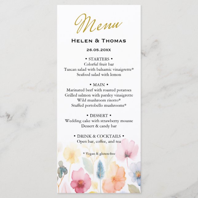 Floral Gold Wedding Menu Menükarte (Vorderseite)