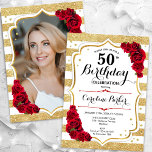Floral Gold Weiße Rote Rosen Foto 50. Geburtstag Einladung<br><div class="desc">Elegante, florale, weibliche 50. Geburtstagseinladung mit Ihrem Foto auf der Kartenrückseite. Glam weißes, rotes Design mit Imitaten Glitzer Gold. Enthält Streifen, rote Rosen, Skript-Schriftart und Konfetti. Ideal für ein stilvolles Party für Erwachsene. Personalisieren Sie Ihre persönlichen Daten. Kann für jedes Alter angepasst werden! Gedruckte Zazzle Einladungen oder Sofortdownload digitalen druckbaren...</div>
