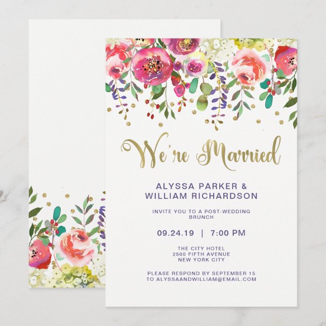 Floral Gold | Wir sind Verheiratet Einladung (Vorne/Hinten)