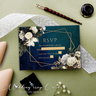 Floral Gold Wreath Emerald Green Wedding RSVP Card Karte