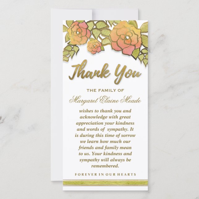 Floral Golden Elegant Vielen Dank Sympathy Card Dankeskarte (Vorderseite)