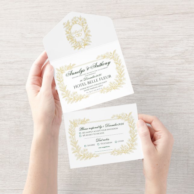 Floral Golden Foil Wedding invitation All-in-One-Einladung (Abreißstreifen)