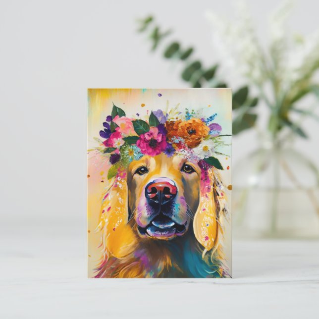 Floral Golden Retriever Gemälde Postkarte (Stehend Vorderseite)
