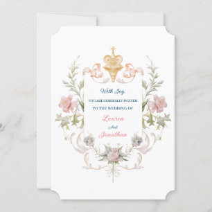 Floral Goldene Königskrone und Rosa Rosen Hochzeit Einladung