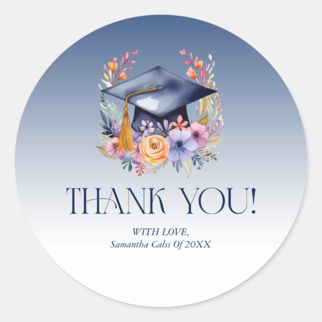 Floral Grad hat Dankeschön Karte Runder Aufkleber (Vorderseite)