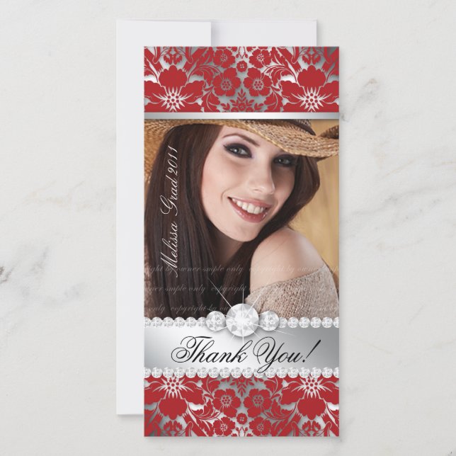 Floral Graduation Carte photo Silver Red Damask (Devant)