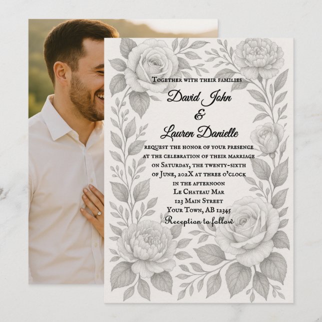 Floral Graphite Photo Wedding Invitation Einladung (Vorne/Hinten)
