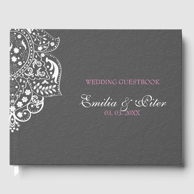 Floral Gray Damask White Mandela Gästebuch (Vorderseite)