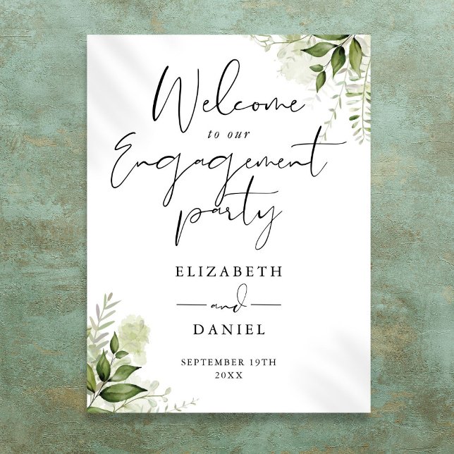 Floral Green Engagement Affiche de bienvenue de la (Floral Greenery Engagement Party Welcome Sign)