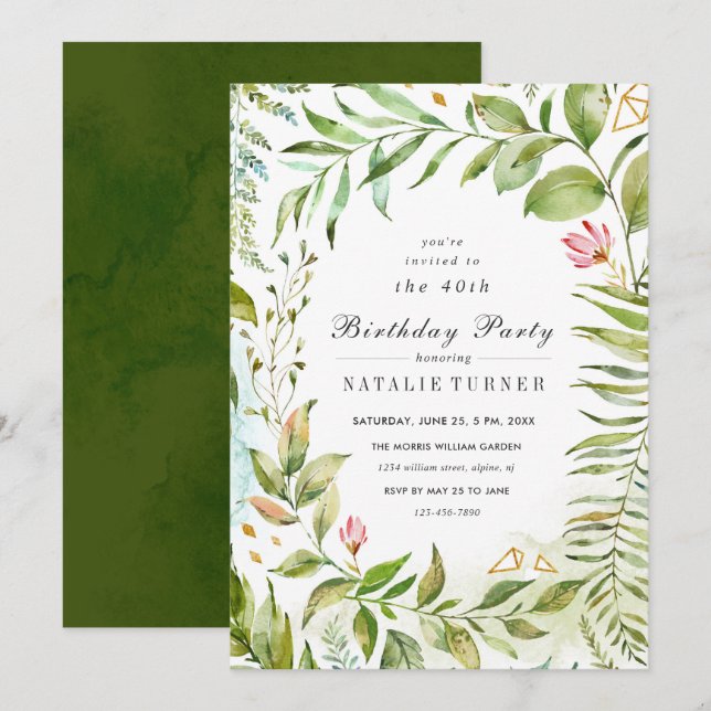 Floral Green Foliage Anniversaire Fête Invitation (Devant / Derrière)