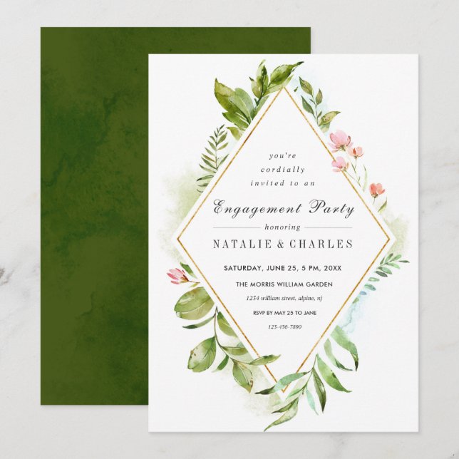 Floral Green Foliage Engagement Fête Invitation (Devant / Derrière)