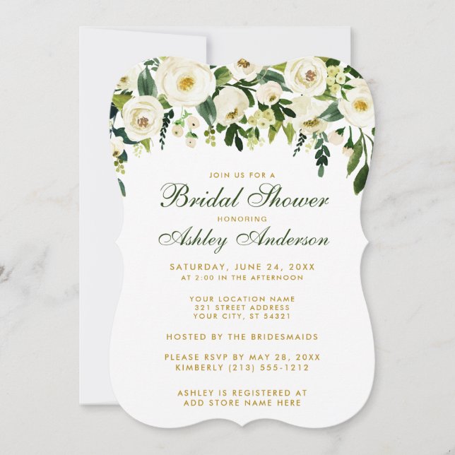 Floral Green Gold Brautparty Einladung GB (Vorderseite)